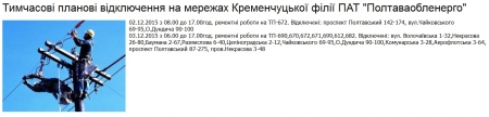 Де в Кременчуці 2 та 3 грудня не буде світла